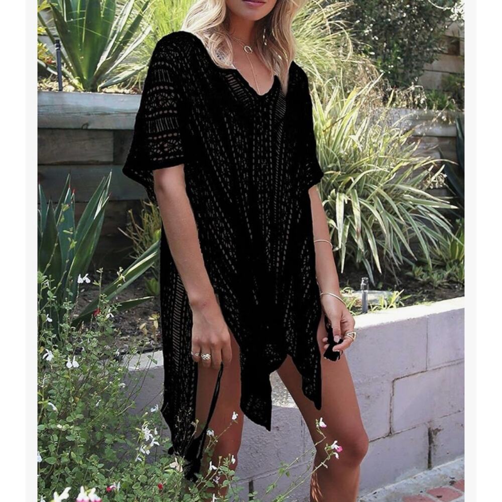 Hollow Out Side Tie Crochet One Piece Cover Up Dress Black One Size Beach